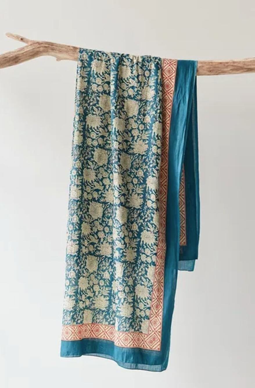 Free People Sunskara Roses By The Beach Wrap Teal Floral Cotton Boho Scarf Shawl